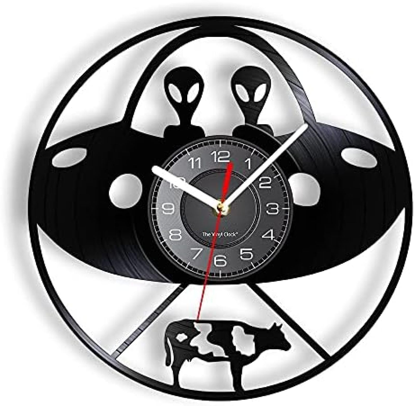AVJERA Flying Saucer Vinyl LP Wall Clock UFO Aliens Beam Transmit The Cow Sci-Fic Scene Timepiece Whimsical Pop Art Music