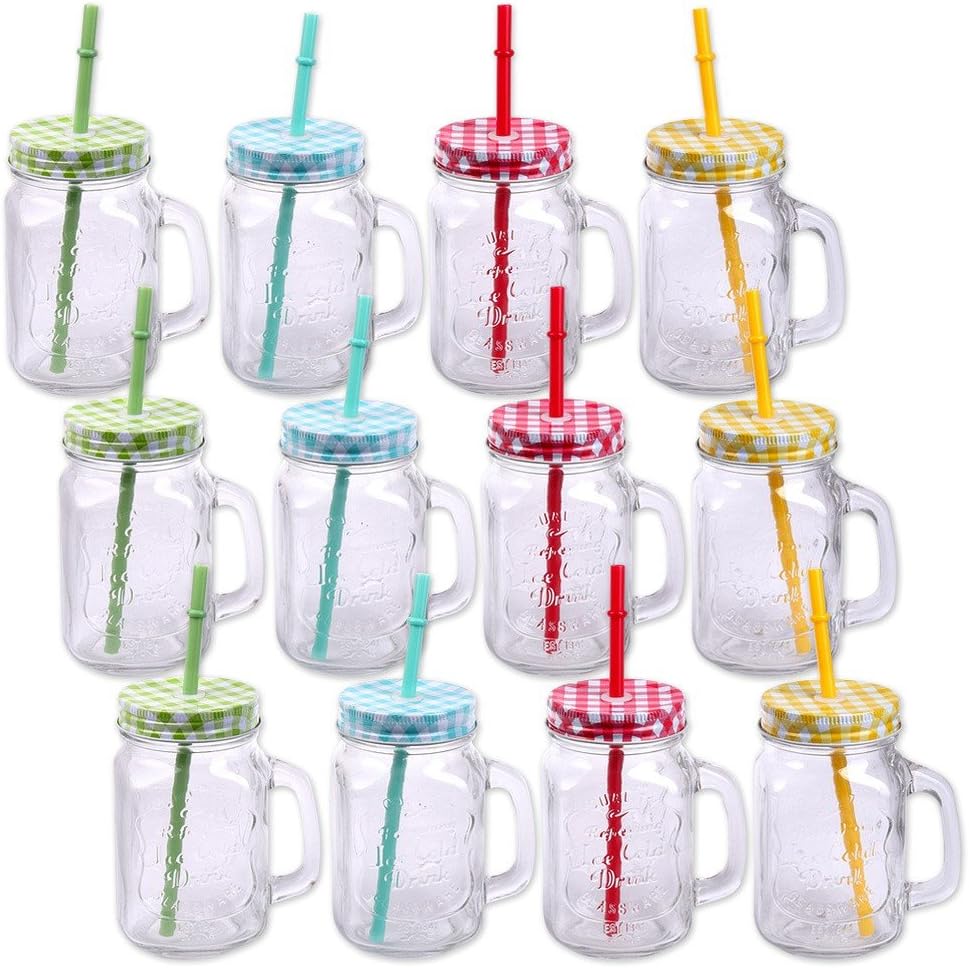 Pack of 12 Drinking Jars with Lids, Handles and Straws Cocktail Drinking Jar 500 ml Vintage Retro Garden Terrace