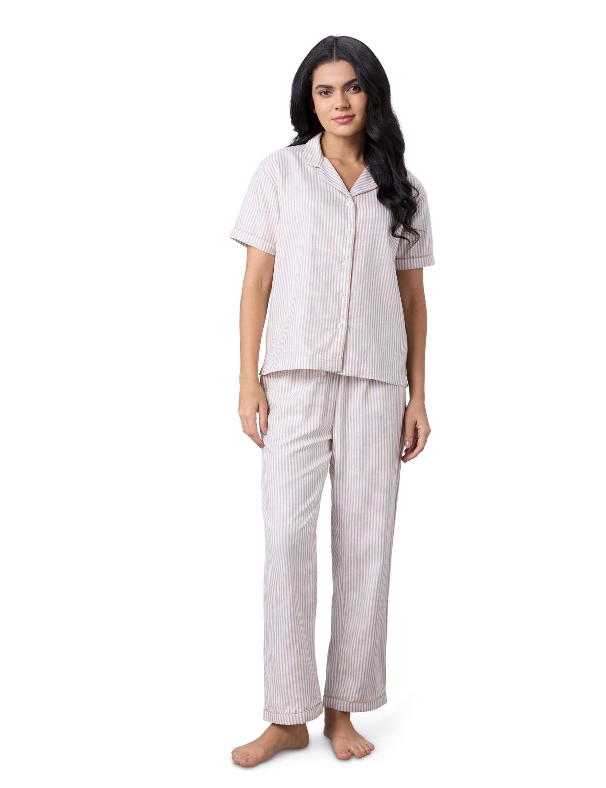symbol premium Women's Cotton Night Suit Set | Short Sleeve Shirt & Pajama Set | Stripes with Contrast Piping | Regular Fit (Available in Plus Sizes)-picture-38