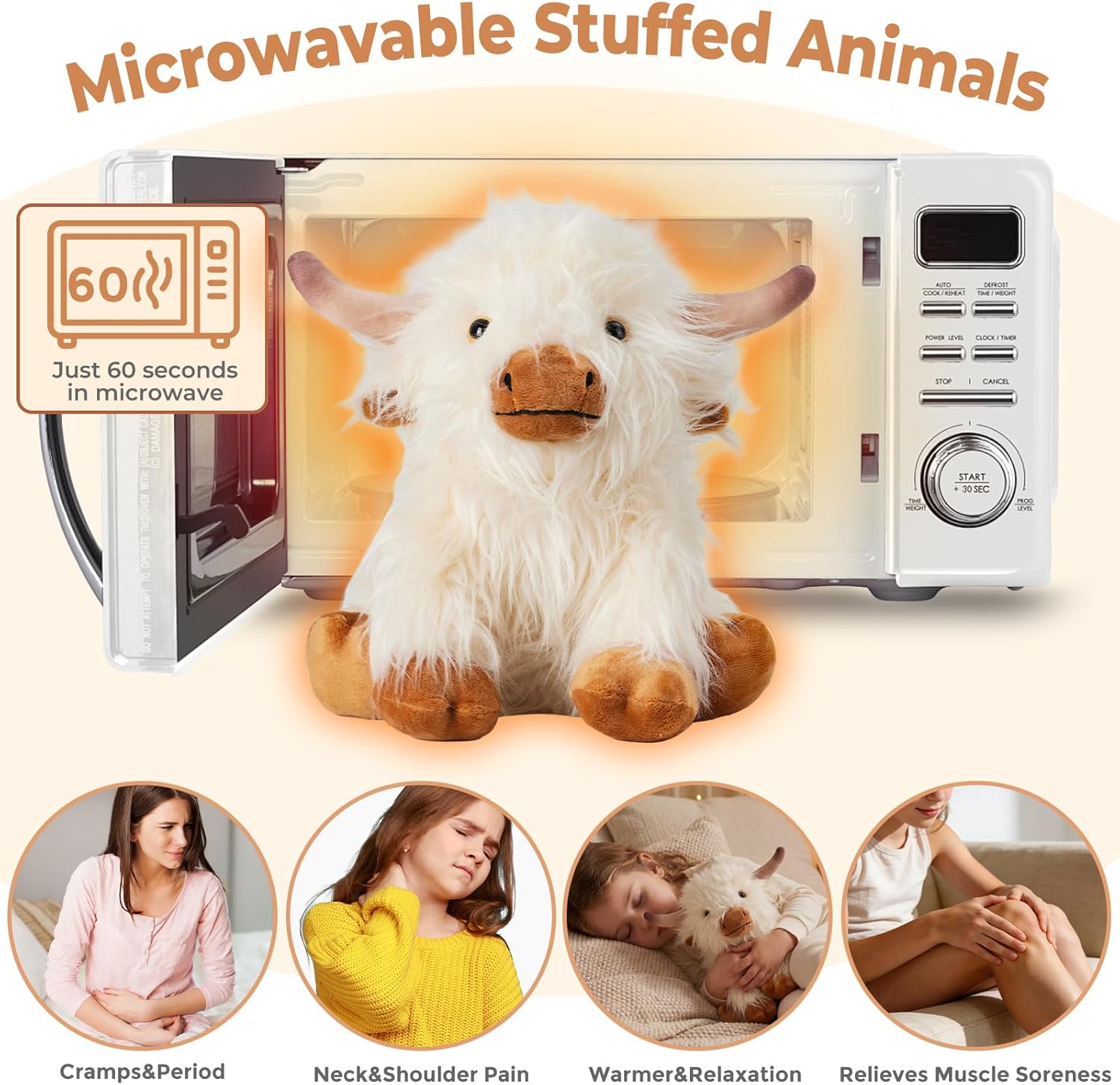 White Highland Cow Microwavable Weighted Stuffed Animals,Lavender Scented Heating Pad for Period Cramps&Pain&Warm,Heatable&Coolable Companion Plushies Toys Gifts for Kids Women