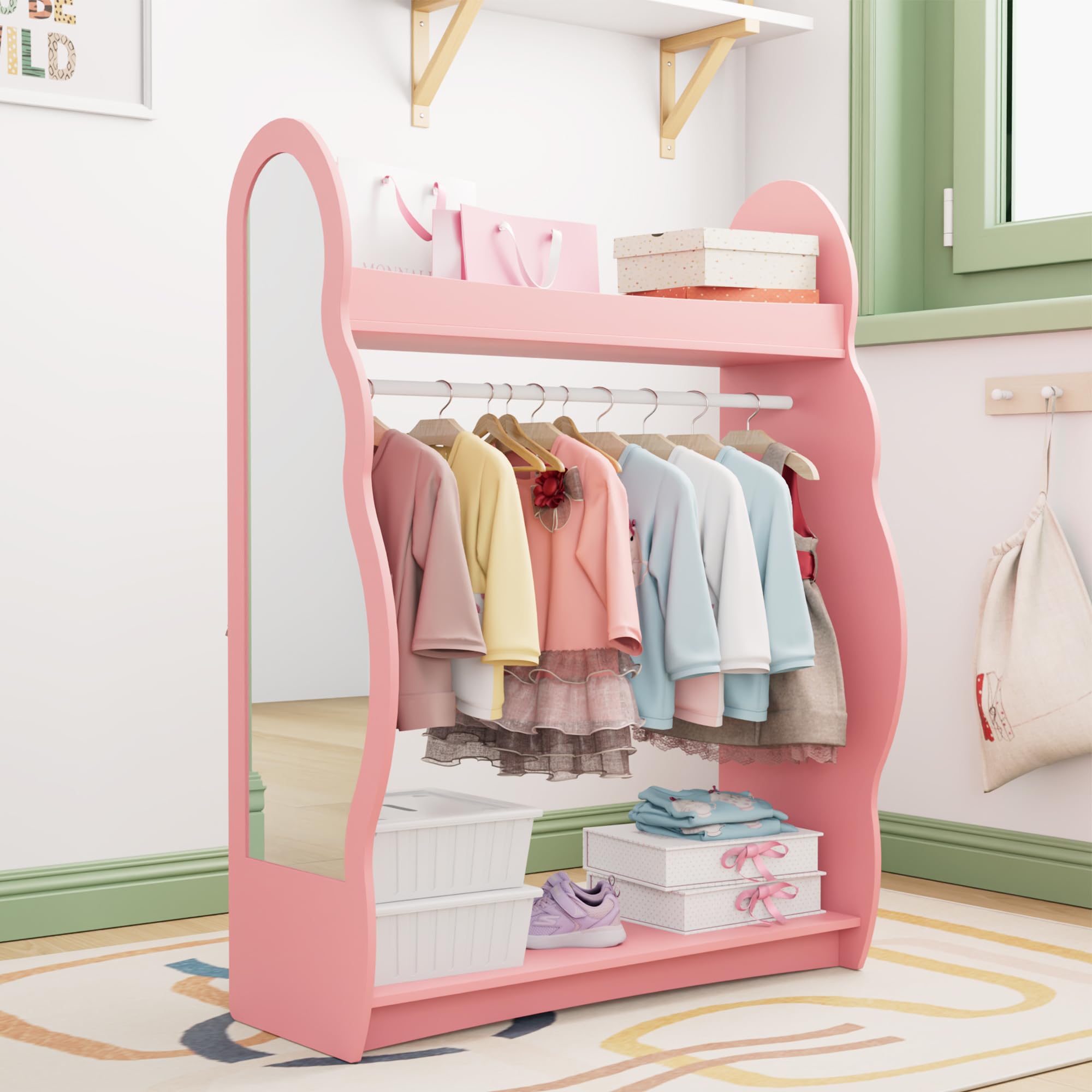 NACHES Kleiderständer Kinder Garderobenständer mit Ablagen, Spiegel und Haken Kleiderstange Garderobe aus Holz 81 x 28 x 106,5 cm (Wolken, Rosa)