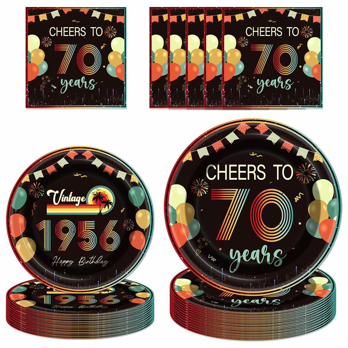 PURCAFT 72Pcs Vintage 70th Birthday Decorations Tableware Set Back in 1956 Paper Plates Napkins Cheers to 70 Years Disposable Tableware Decor for Women Men 70th Birthday Party Favor Serve 24 Guests