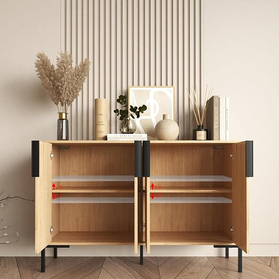 Farmhouse Buffet Sideboard Cabinet with Storage, Coffee Bar Station Table with Fluted Doors, Modern Wood Cupboard for Kitchen, Livingroom, Entryway (Natural)