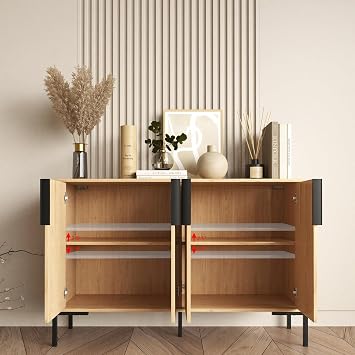 Farmhouse Buffet Sideboard Cabinet with Storage, Coffee Bar Station Table with Fluted Doors, Modern Wood Cupboard for Kitchen, Livingroom, Entryway (Natural)