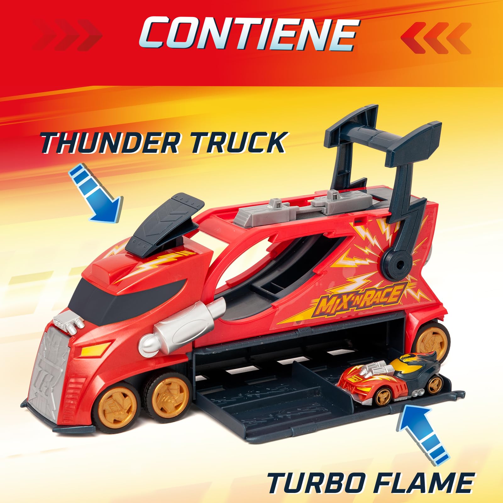 T-Racers Mix ´N Race Thunder Truck– Camión Lanzador con 3 acciones en 1. Incluye 1 vehículo T-Racer Mix ´N Race Exclusivo, Zona para Montar vehículos, Tirador para lanzarlos y Espacio para 7 Coches