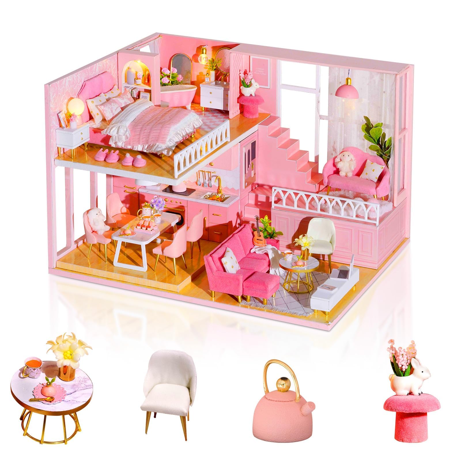 SYOSI DIY Miniature Dollhouse Kit, 1:24 Scale Mini Handmade Wooden Doll House with Music, Great Handmade Crafts Gift for Birthday Mother's Day Kids Teens Adults Assemble the Villa Model Gift
