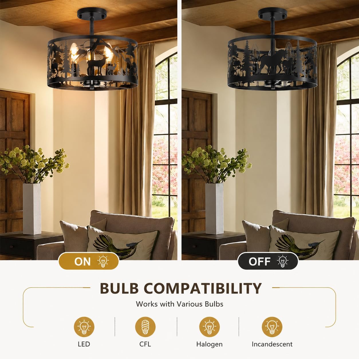 Rustic Ceiling Light Fixture-Horse Deer Design,3-Light E12 Metal image 5