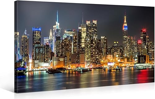 Large Canvas Print Wall ArtManhattan Night Lights40x 20inch lona Extendido sobre Marco de maderaCiudad de Nueva York Cityscape lona de Impresión