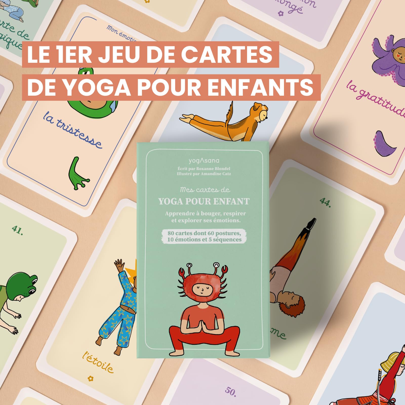 YogAsana Yoga Niño 75 Cartas - Estuche divertido y educativo de Tarjetas de Yoga y Emociones + 5 Historias - Tarjeta Yoga Infantil - Desarrollo motricidad, Confianza, Imaginación y calma