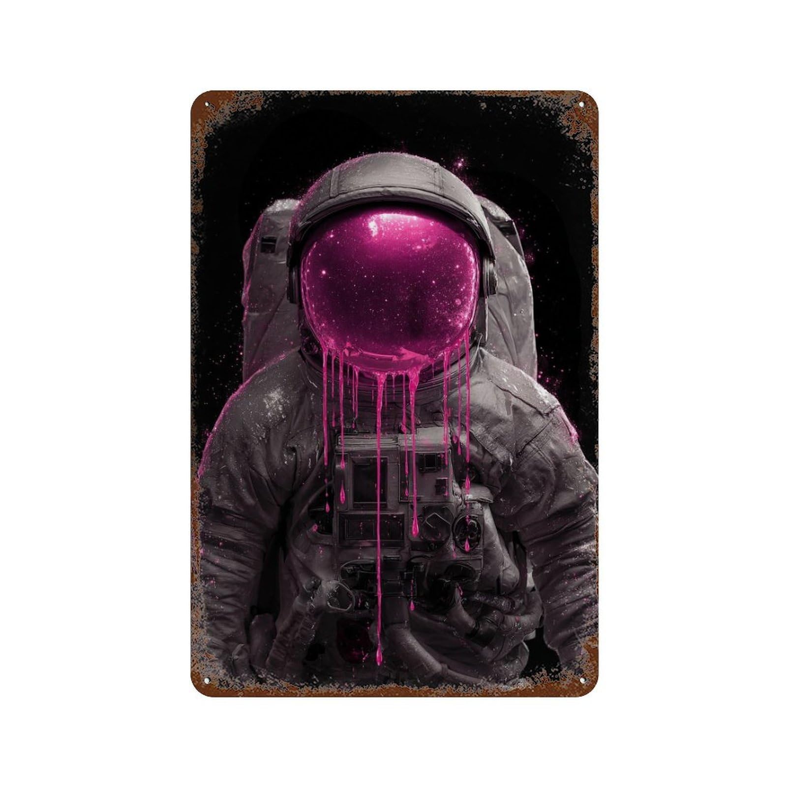 Distressed Metal Wall Sign Space Astronaut Pink Paint 11.8"x7.9", Rustic Home Decor for Farmhouse, Kitchen And Entryway Decor