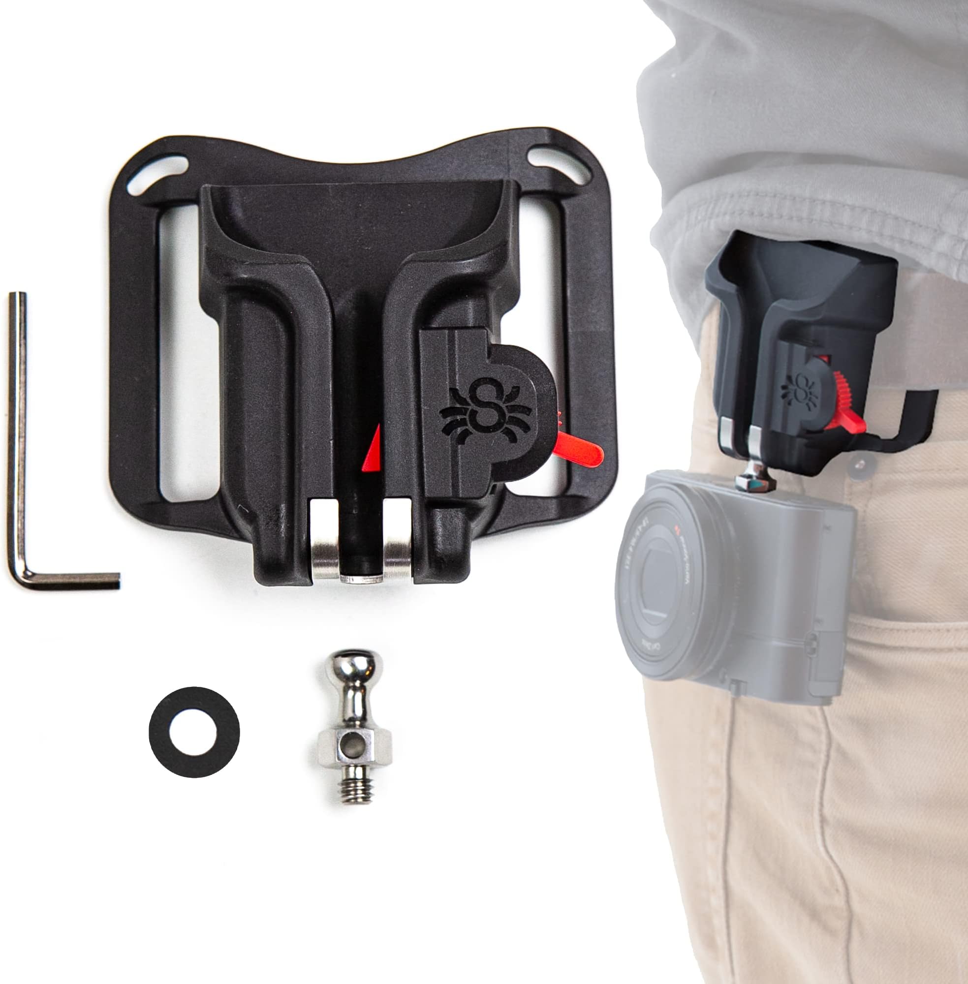 BlackWidow Camera Holster + Pin - Self locking holster for carrying a light weight camera from any belt!