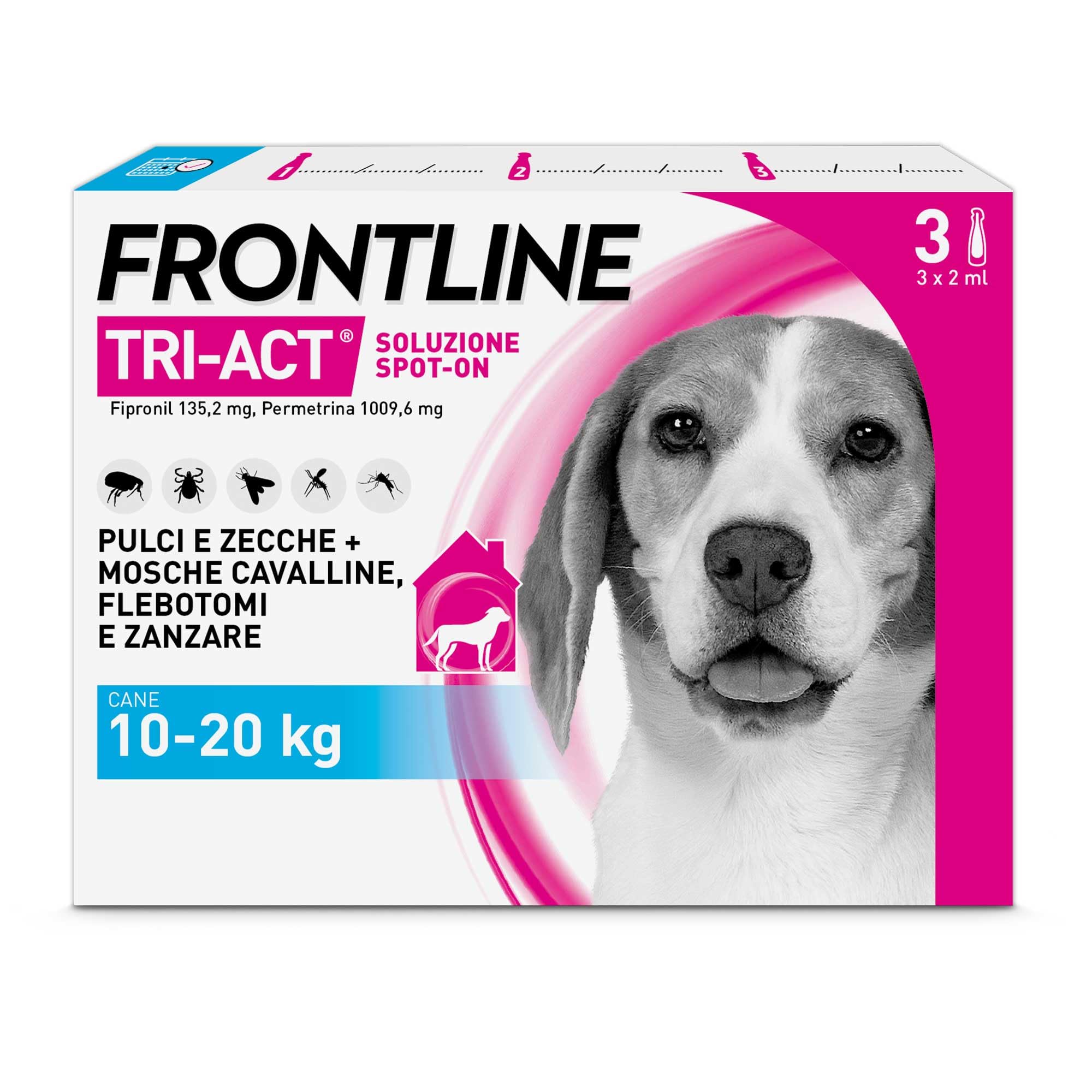 FRONTLINE Triact, 3 Pipette, Cane M (10-20Kg), Antiparassitario per Cani e Cuccioli di Lunga Durata, Protegge il Cane da Pulci, Zecche, Zanzare, Pappataci e Leishmaniosi, Antipulci 3 Pipette