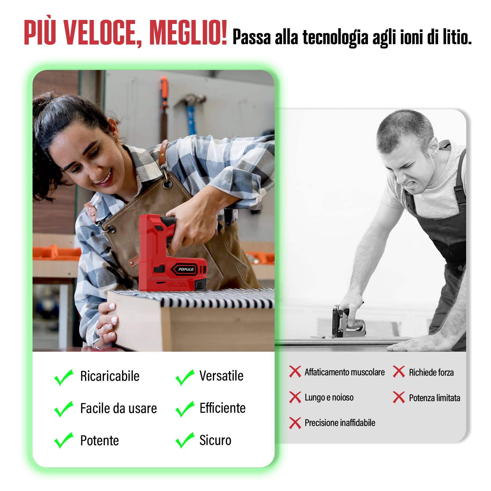 POPULO Graffettatrice Elettrica 2-in-1 Wireless 4V a Ioni di Litio con USB-C, Include Graffe e Chiodini per Tappezzeria, Riparazione Mobili, Moquette e Fai-da-Te Casa, Rosso