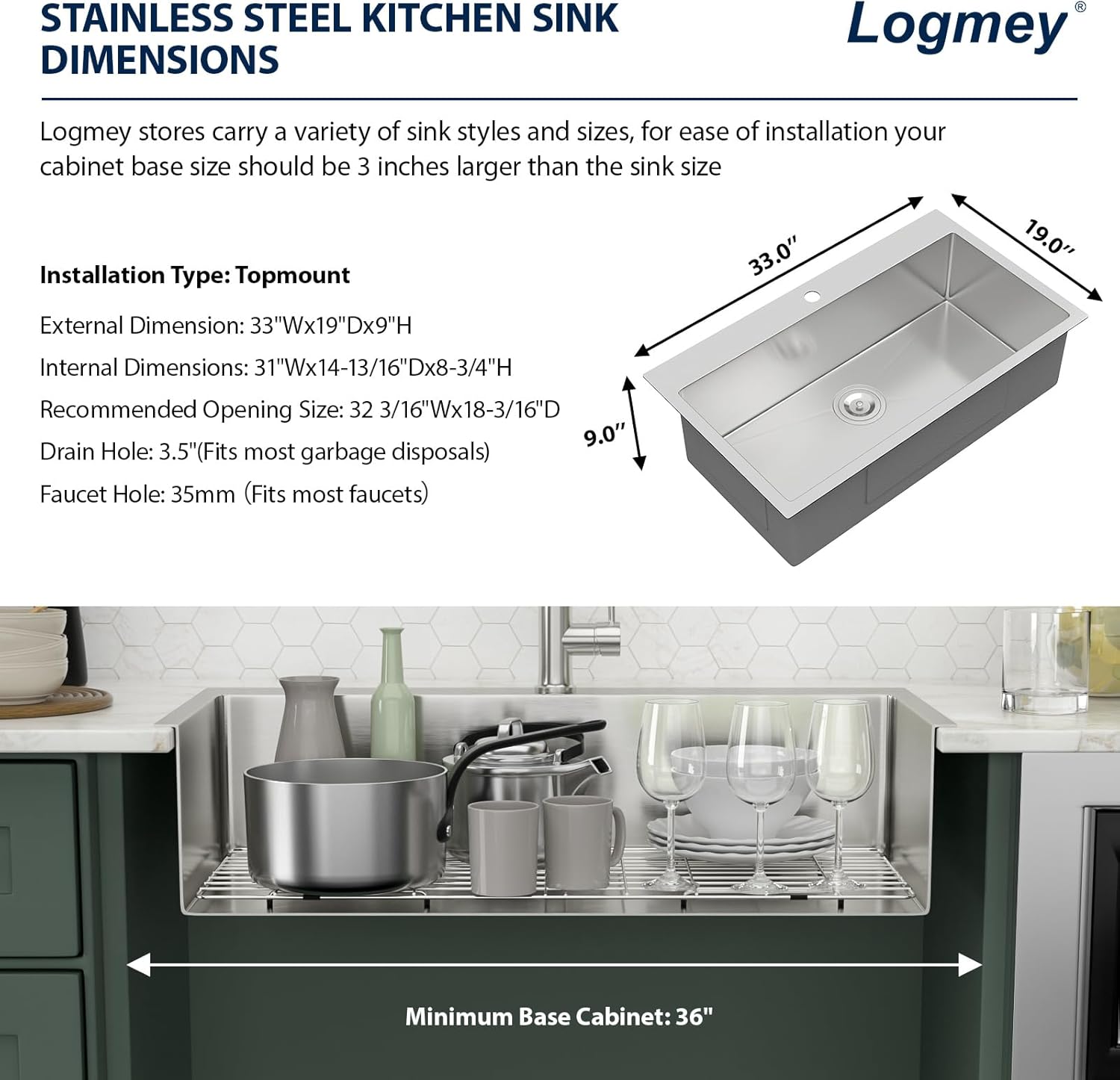 Logmey 33 Drop In Kitchen Sink - 33x19 Inches Stainless Steel Drop-in Kitchen Sinks 16 Gauge Round Corner Topmount Sink Overmount Single Bowl Kitchen Sinks