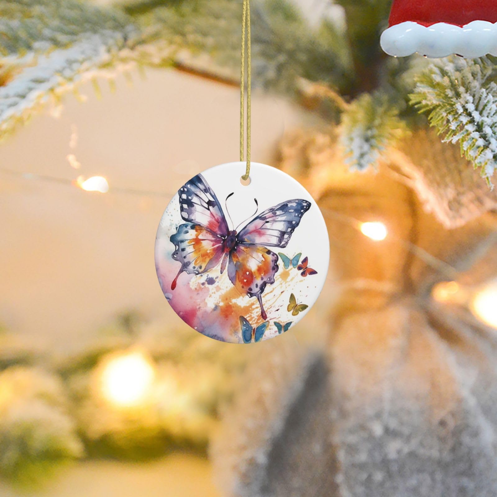 Christmas Tree Ornaments Ceramics Christmas Round Decorations Watercolor Butterfly Ceramics Ornaments Circle Pentagram Xmas Tree Hanging Pendant for Christmas Tree Party Holiday Home Decor