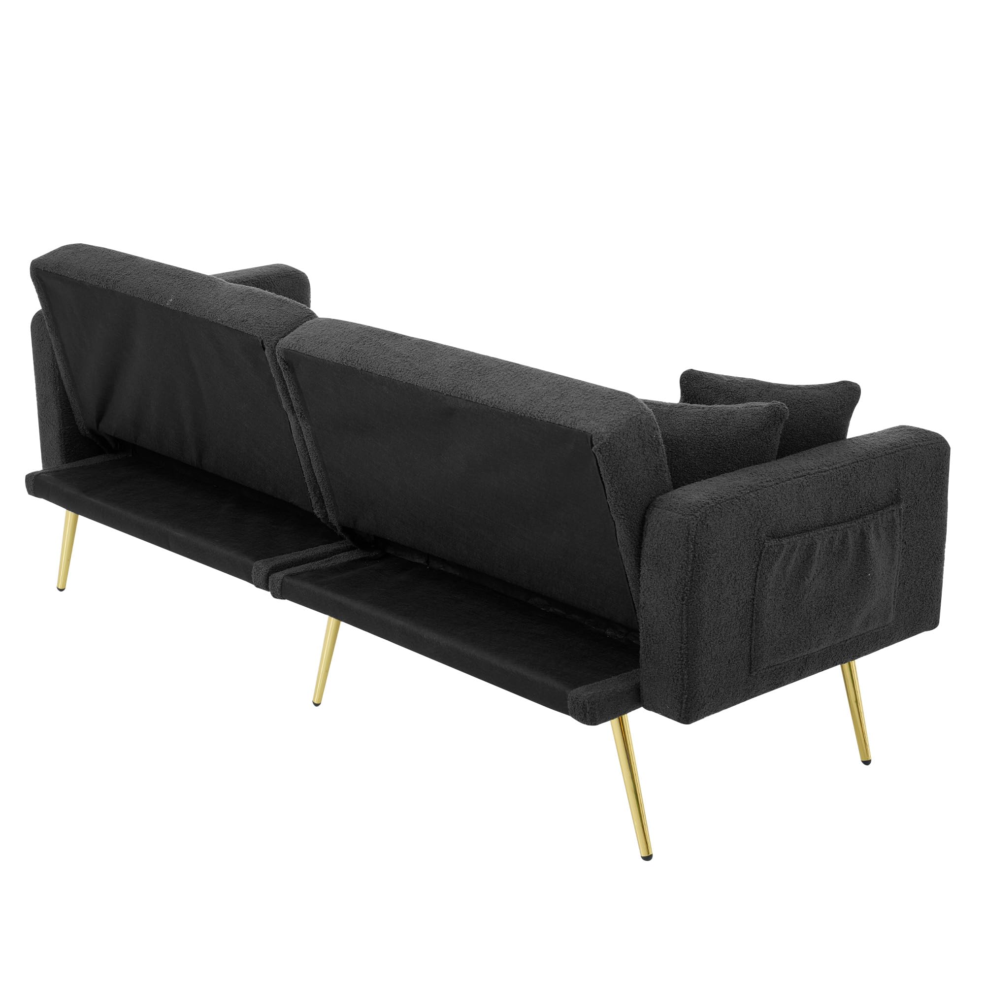 Kebnor Sofá cama con función de cama, ángulo ajustable, patas doradas, con cojines y bolsillos laterales de almacenamiento (gris oscuro)