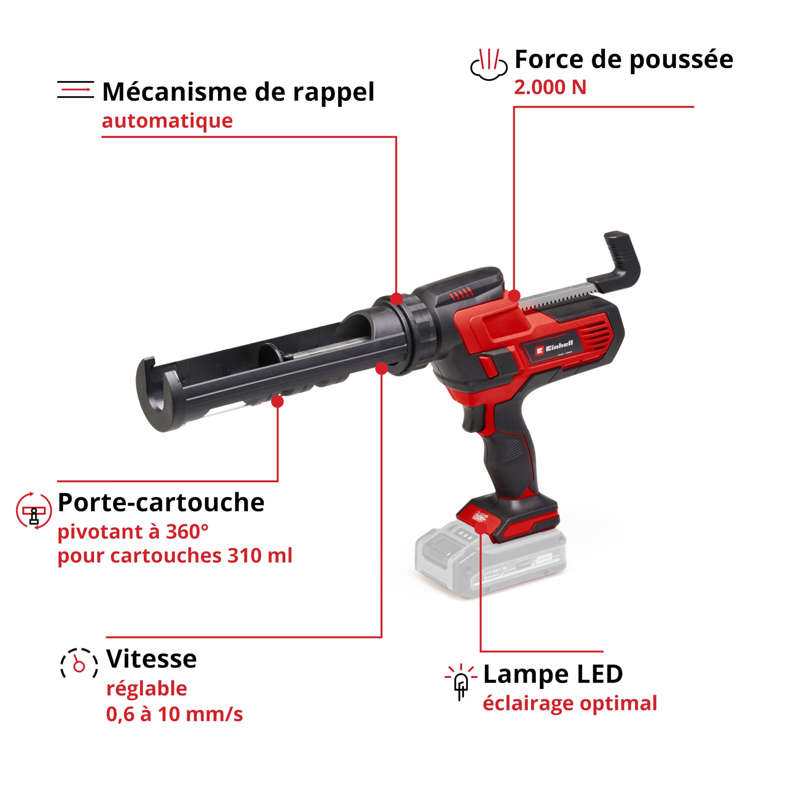 Einhell Pistolet à sceller sans fil TE-SG 18/10 Li-Solo Power X-Change (18 V, pour cartouches 310 ml, force de poussée max. de 2 000 N, vitesse réglable) Livré sans Batterie ni Chargeur