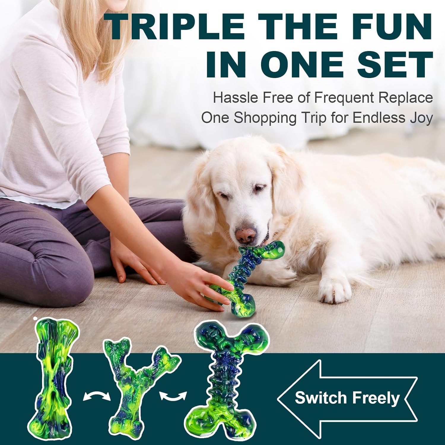 Kseroo Indestructible Dog Toys for Aggressive Chewers: 3-Pack Peanut Butter Flavored Hard Nylon Dog Chew Toys for Medium & Large Dogs(20-90lbs), Super Chewer Dog Bones Toys to Keep Them Busy, Green