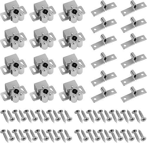 Justech 12 piezas de doble rodillo de cierre de rodillo, cierre de puerta con tornillos de instalación para armario, cajón y armario, color plateado