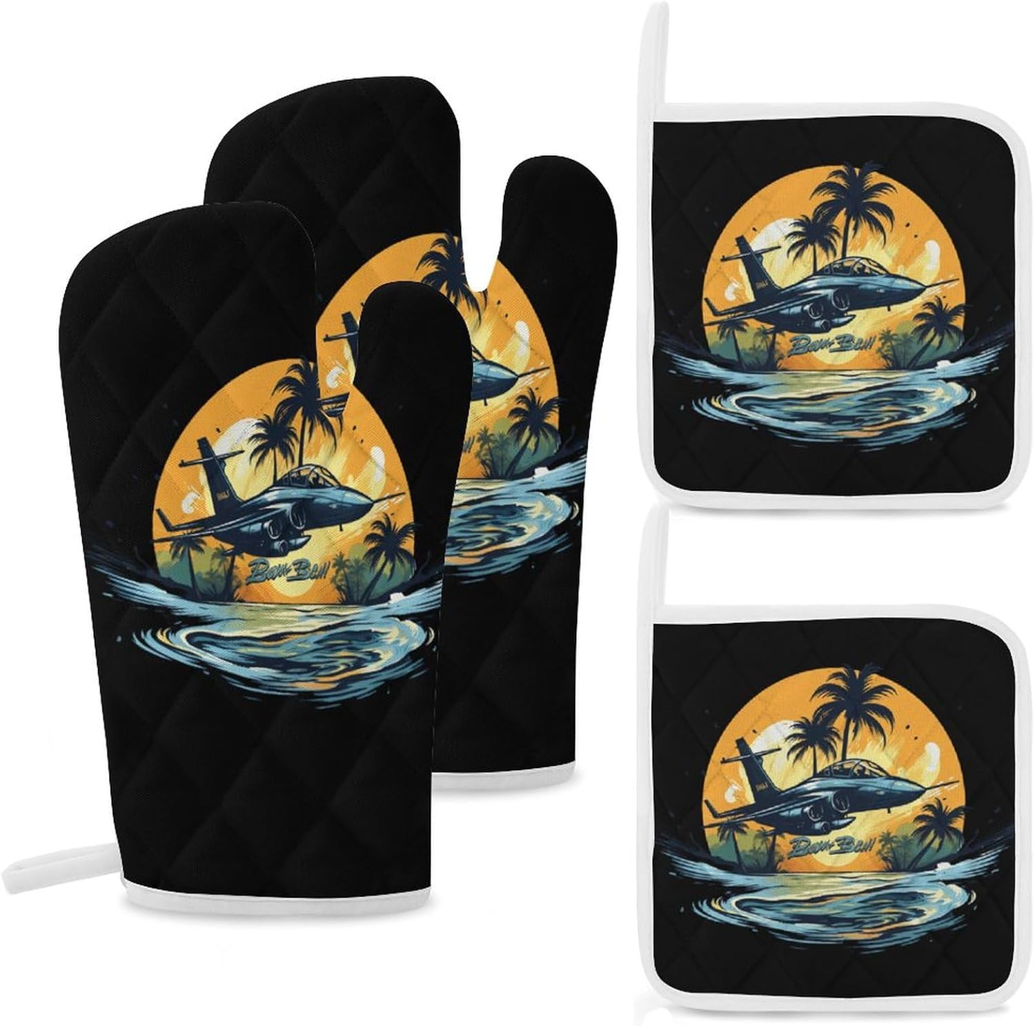 Hawaii Beach Fighter 4 Pcs Oven Mitts and Pot Holders Set High Heat Resistant Long Kitchen Oven Glove Potholders