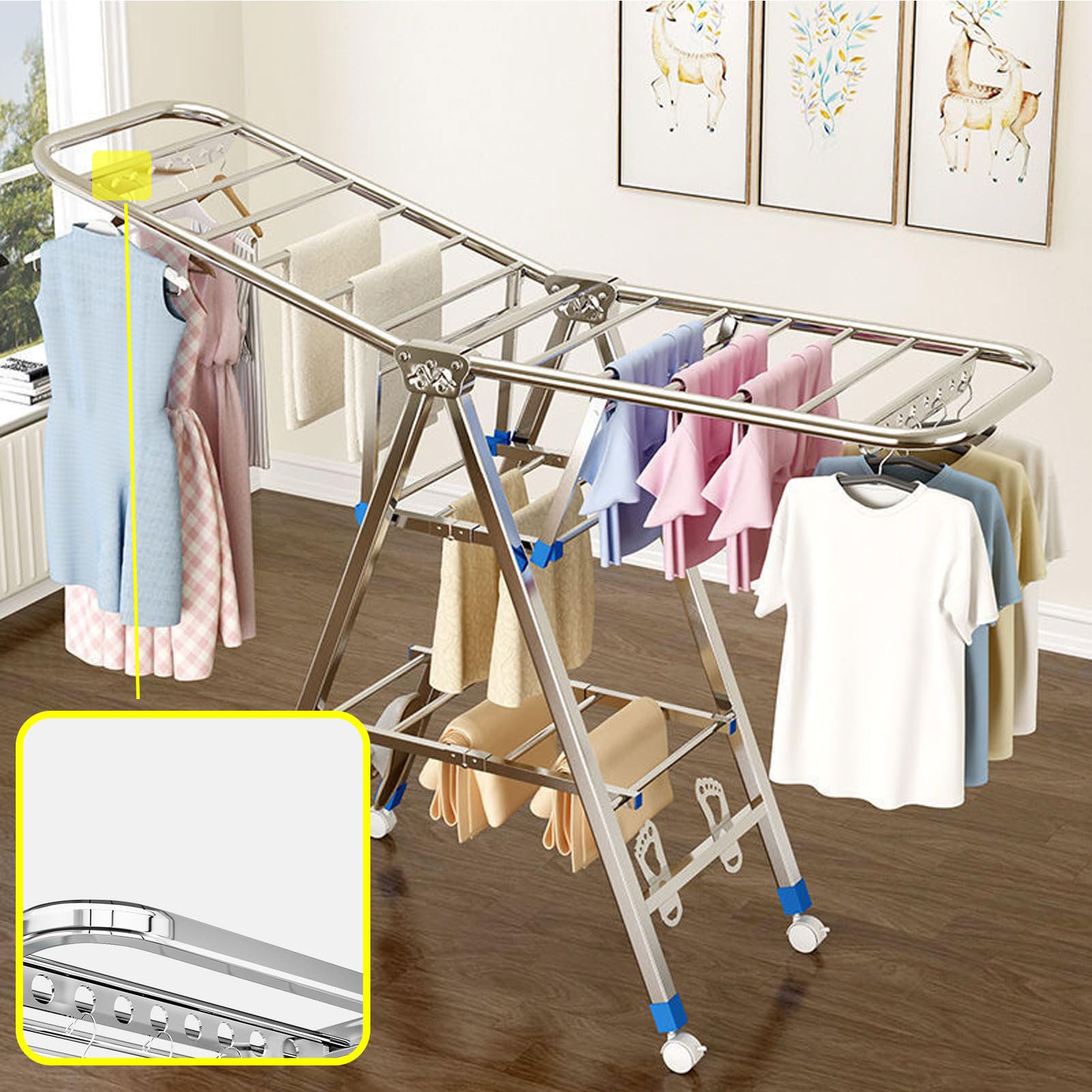 Tendedero de Ropa MóVil, Tendedero de Interior de Pie, Estante de Secado de Ropa Plegable, Tendedero de Ropa Exterior para Balcon con Ruedas (180cm/71in)