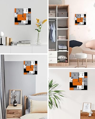 Miniatura 4 de Reloj de pared de madera naranja, negro y gris, silencioso, sin tictac, bloque de color geográfico irregular, arte abstracto, reloj de pared