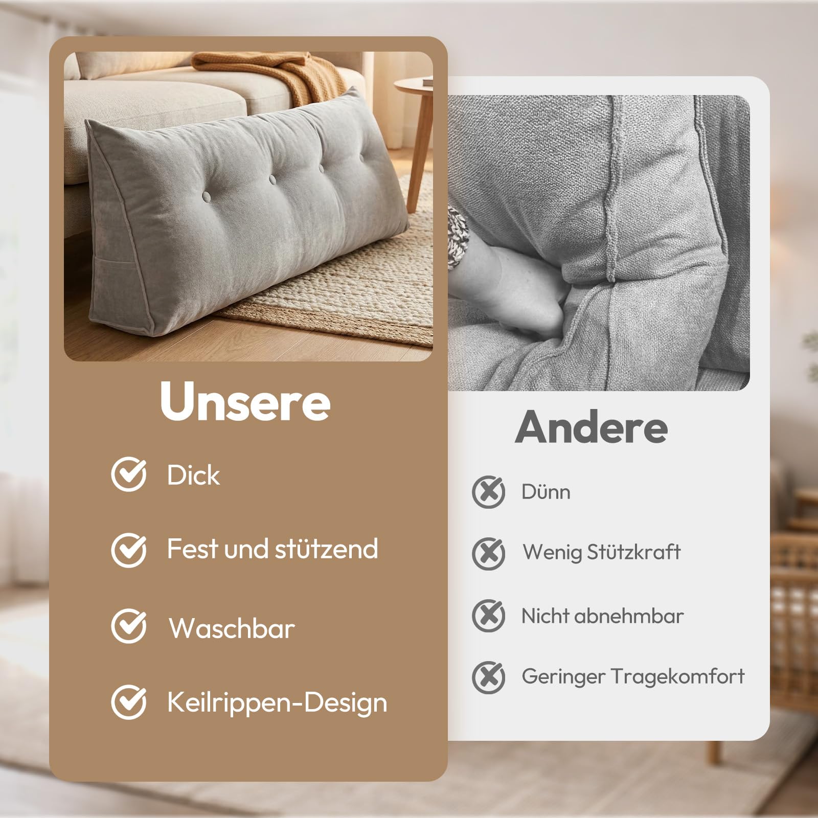 Treeboy Keilkissen Wandkissen Bett Kopfteil Bezug Sofakissen Rückenkissen | Lesekissen Für Bett Und Sofa Matratzenkeil Couchkissen Lumbalstütze Wedge Pillow Mit Seitentasche, Grau, 90 * 50 * 20cm