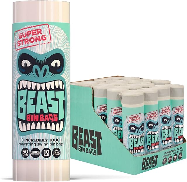 BEAST BIN BAGS - 50L - Mega Pack (200 Bags) - Incredibly Tough Drawstring Swing White Bin Bags