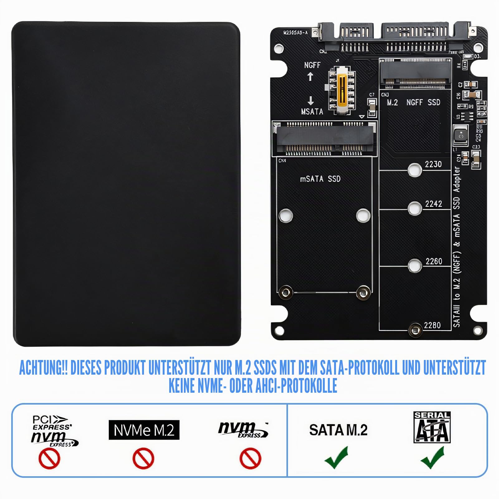 NGFF SSD to SATA3 Adapter und Gehäuse für SSD, 2,5 Zoll HDD Laufwerkgehäuse Adapter für SSDD, SATAM.2 + MSATA auf SATA3, M.2 SATA auf SATA, Adapters für Festplatte PCB MSATA für Computer