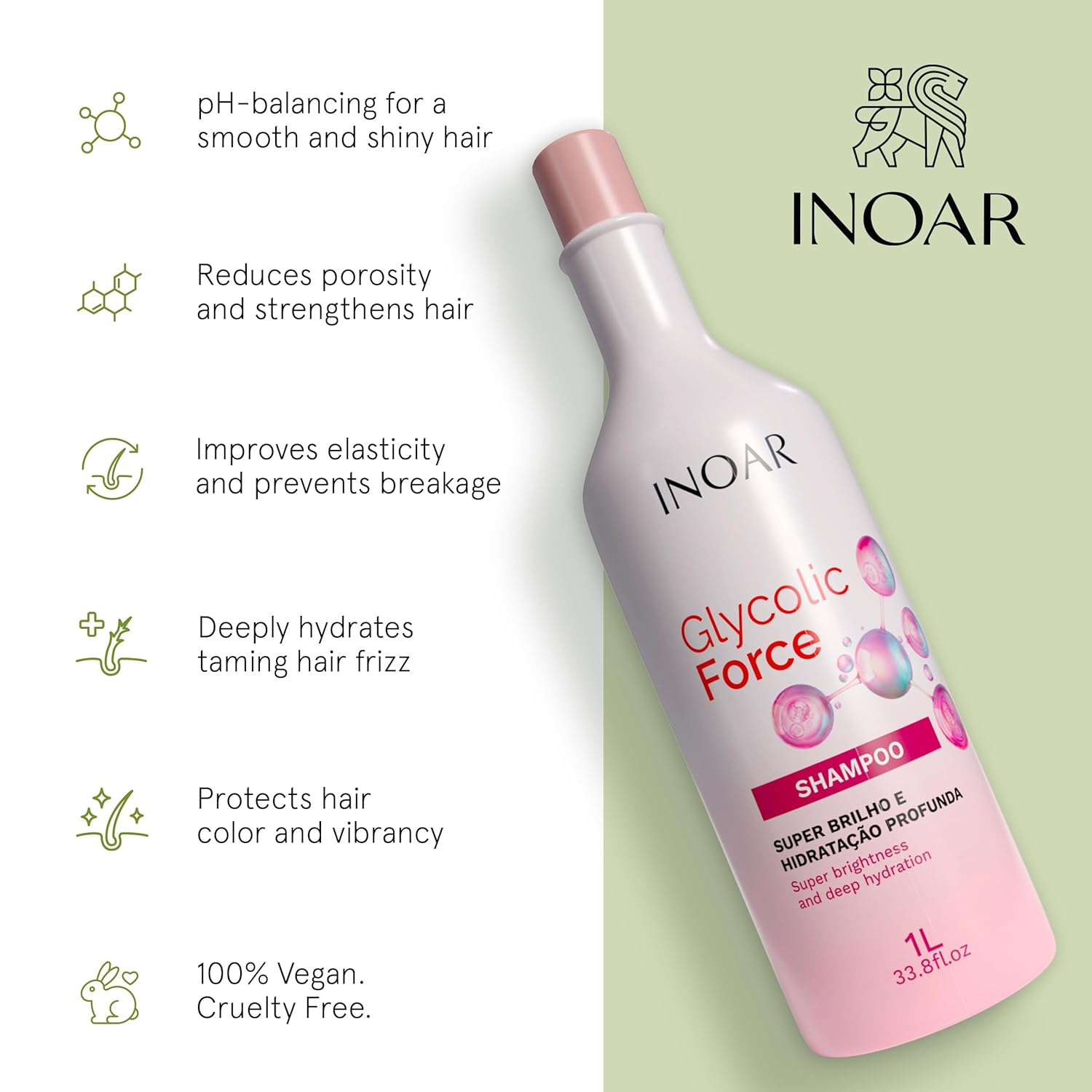 INOAR Glycolic Force Shampoo with Glycolic Acid for Deep Cleansing & Restored Shine, 33.8 Fl Oz