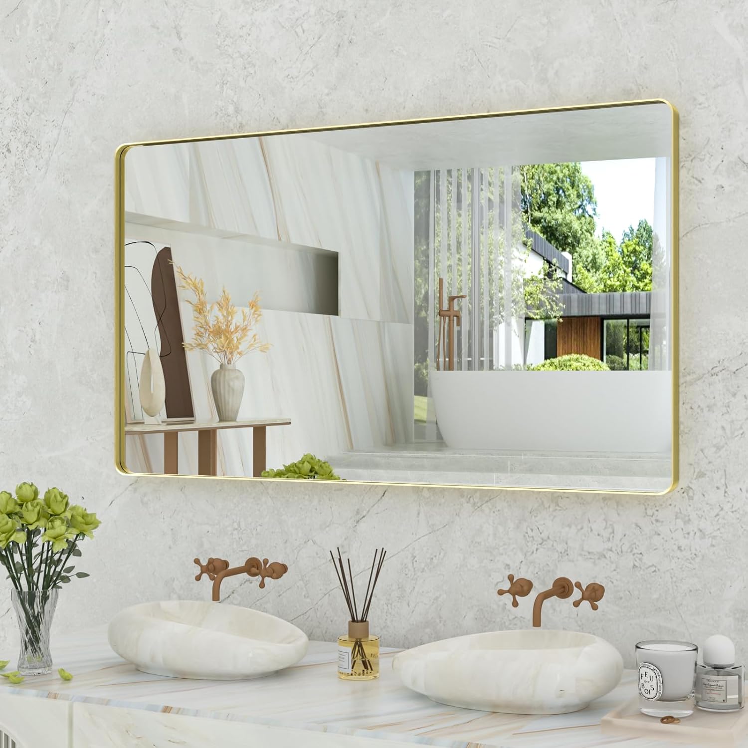 WEER Gold Bathroom Mirror, 55X30 Inch Brushed Gold Metal