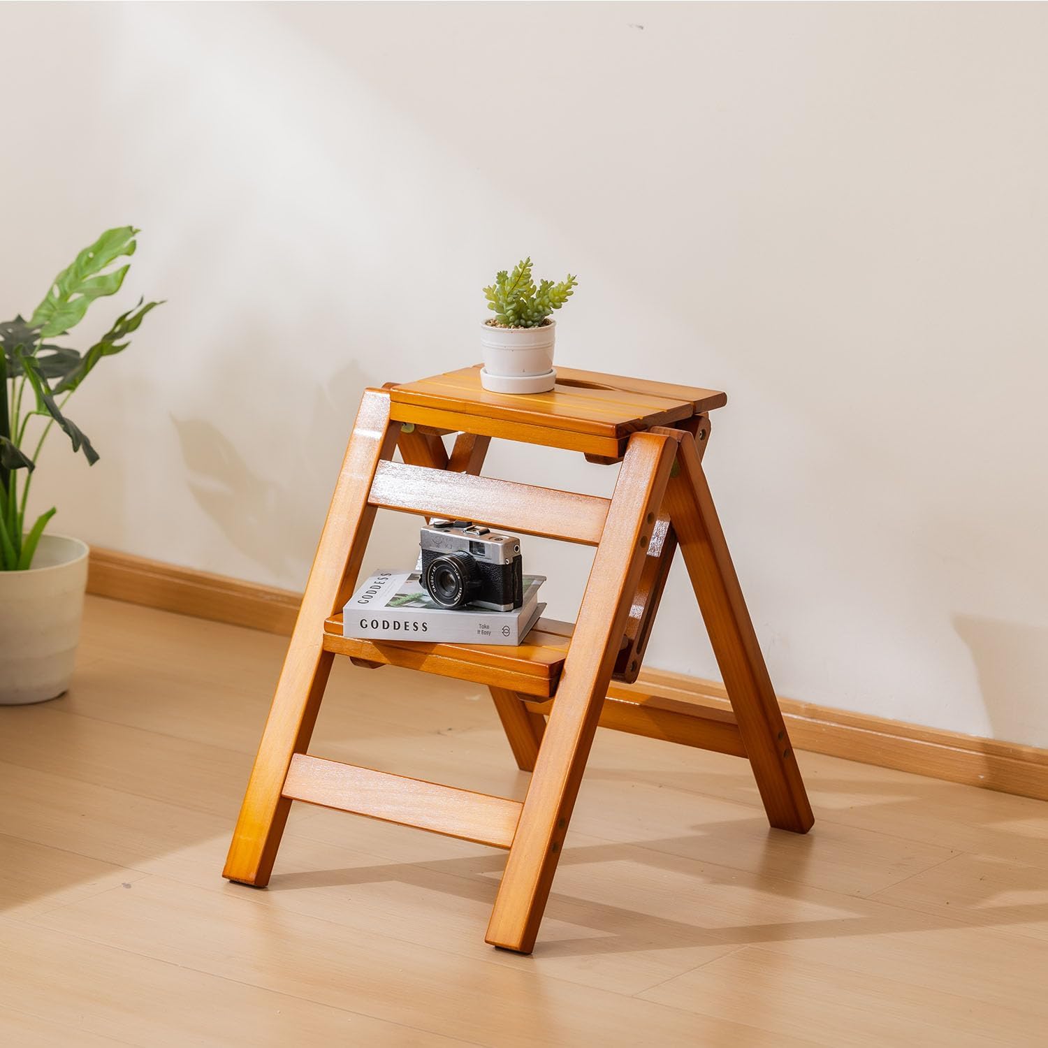 Wooden Step Stool, Foldable 2 Step Ladder, Solid Wood Ladder Stool for for Home, Kitchen & Garden Walnut