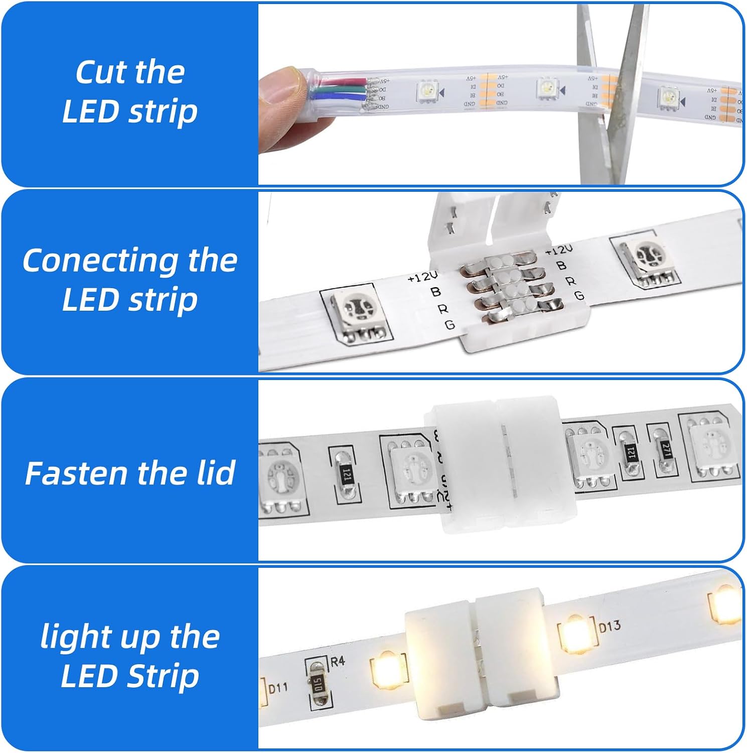 Hecila 4-Pin LED Strip Connectors 4-Pin LED Connectors for 8mm LEDs Strip 4 Pin Corner Light Connector Solderless 30PCS Solderless Unwired LEDs Light Connector Adapter Extension for DIY Lighting