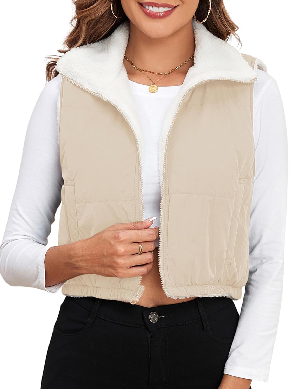 ZAFUL Women's 2024 Fleece Cropped Vest Sleeveless Zip Up Reversible Lightweight Jacket Sherpa Winter Puffer Coat Outerwear