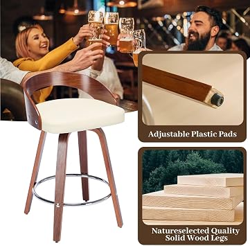 HMFUL Swivel Bar Stools Set of 2,Mid Century Wooden Bar Stool with Beige PU Leather Upholstered,26 Counter Height Stools with Back and Footrest for Kitchen Island,Pub,Dresser,Dining Room
