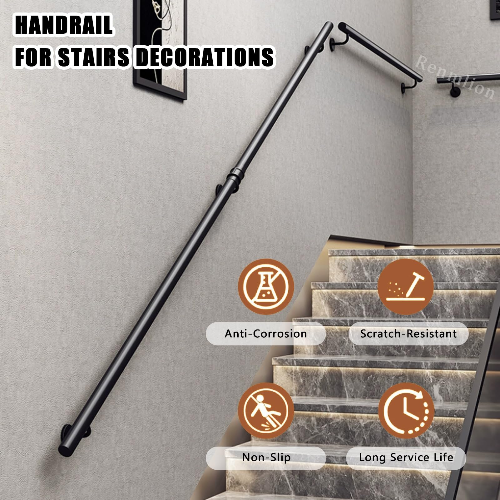 Rampe d'escalier Murale en Tube Rond, 1m 1.5m 2m 3m 4m 5m 6m en métal forgé Noir, Barre d'appui de sécurité pour marches intérieures et extérieures(600cm)