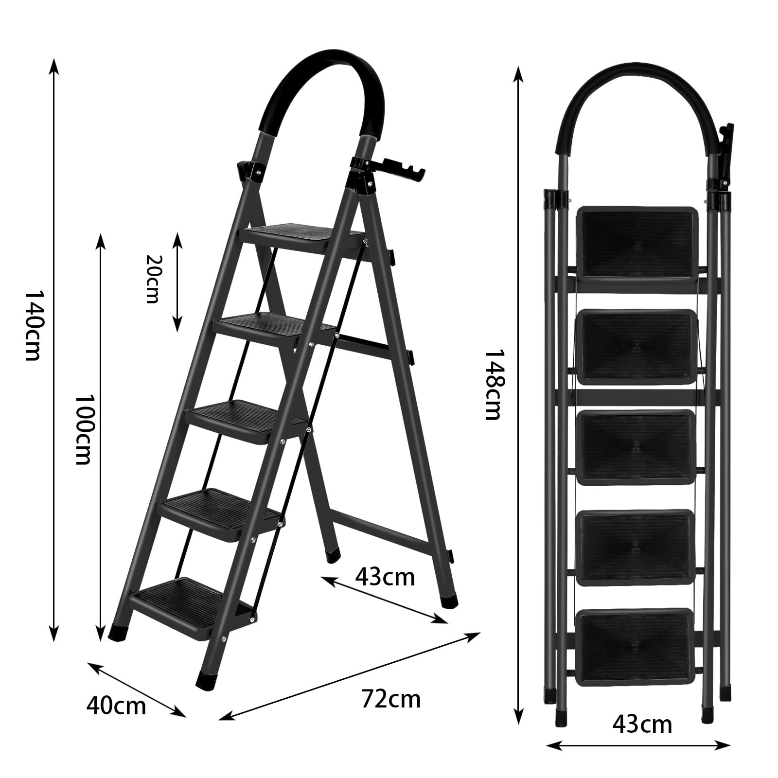 Échelle Compacte avec Poignée en Caoutchouc, Escabeau 5 Marches Pliable, Design Antidérapant, Fabriquée en Acier Alliage de Haute Qualité, Charge Maximale 150kg, 152 x 87 x 39 cm - 5 marches (Noir)