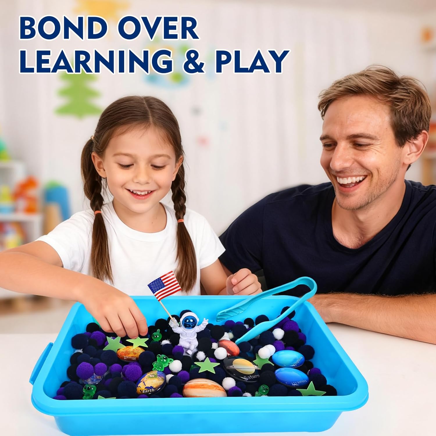 Space Sensory Bin, Science Themed with 8 Planets & Star Map, No-Mess Soft Pom Poms for Preschool Learning, Gifts for Boys Girls Age 3 4 5 6+