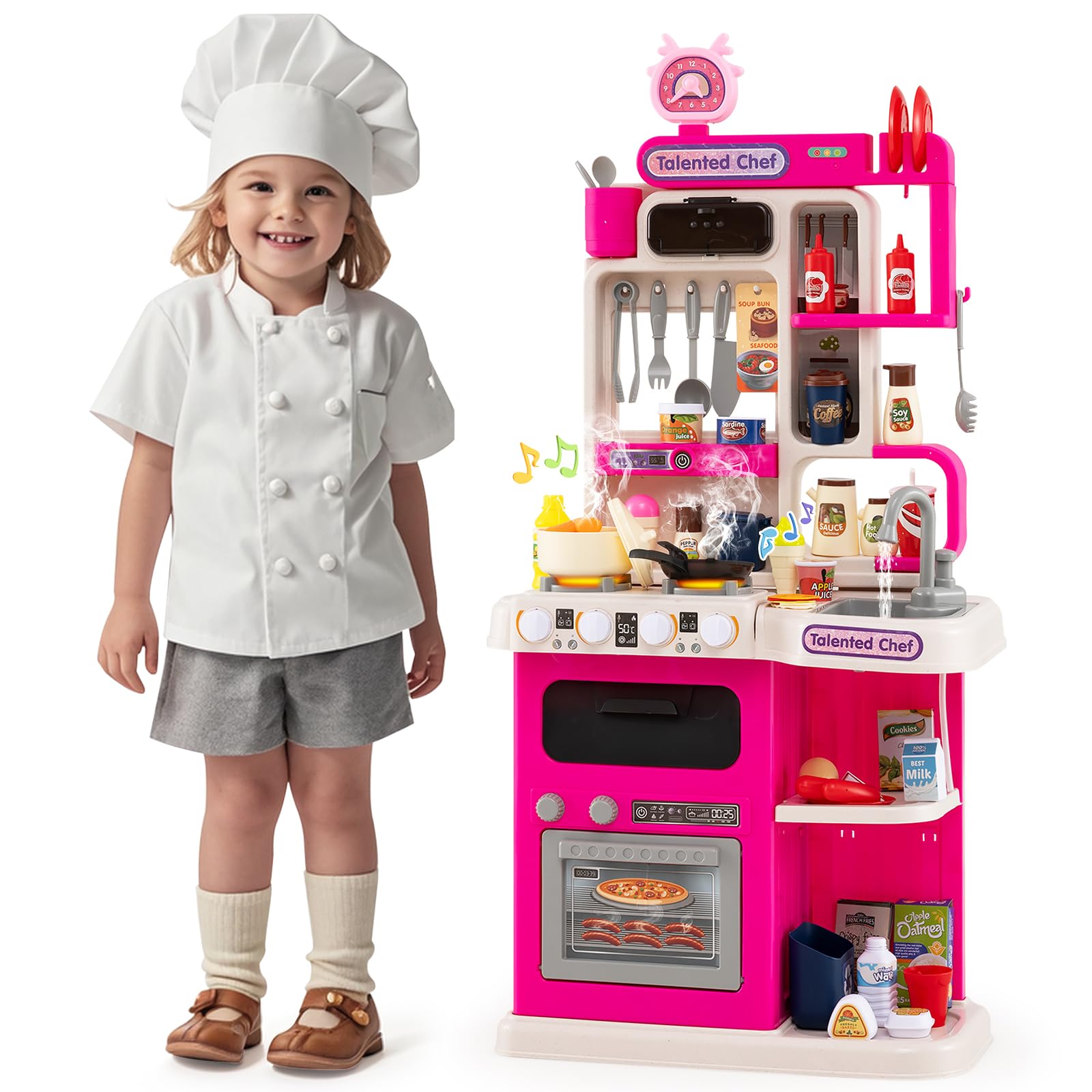 HOMASIS Set Cucina Giocattolo con 54 Pezzi, Gioco da Cucina con Luci e Suoni Realistici, Simulatore di Fornelli con Spruzzo e Lavello con Acqua Automatica, per Bambini dai 3+ Anni (Rosa)