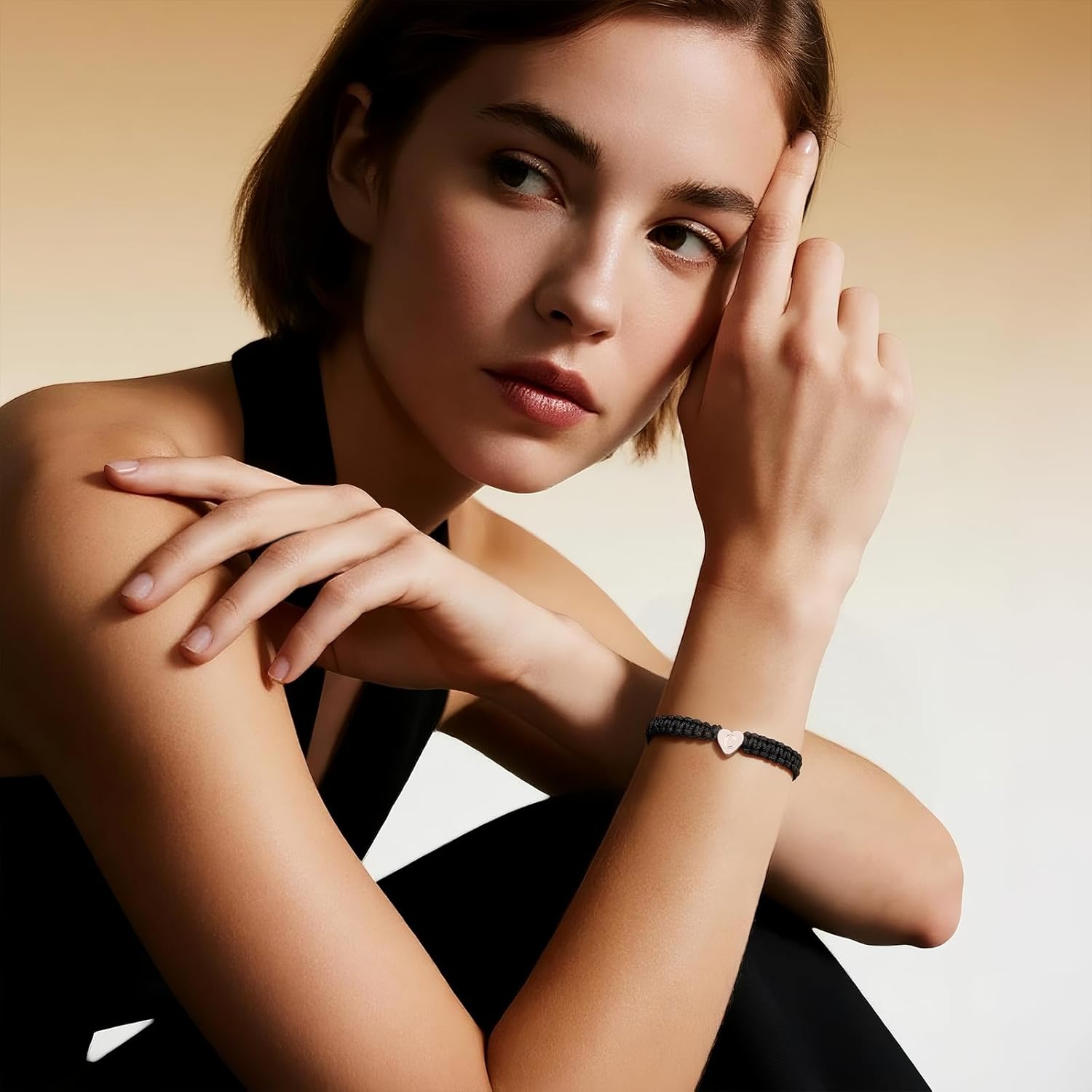 Valentine Silver Heart Initial Black Strand Stack Bracelet for Women, Trendy Simple Stackable Letter Bracelets Accessories Prom Fashion Jewelry Gift - Image 2