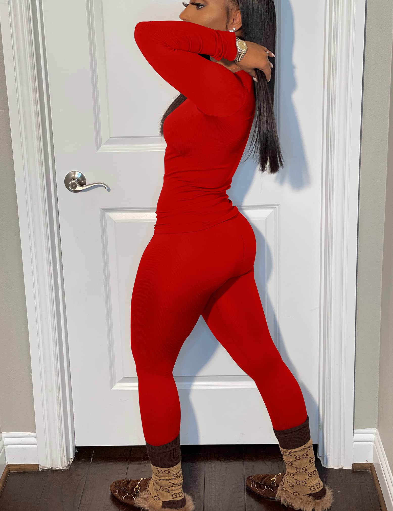 BORIFLORS Damskie 2-częściowe stroje treningowe z długim rękawem top jogger legginsy zestawy, Czerwony, S