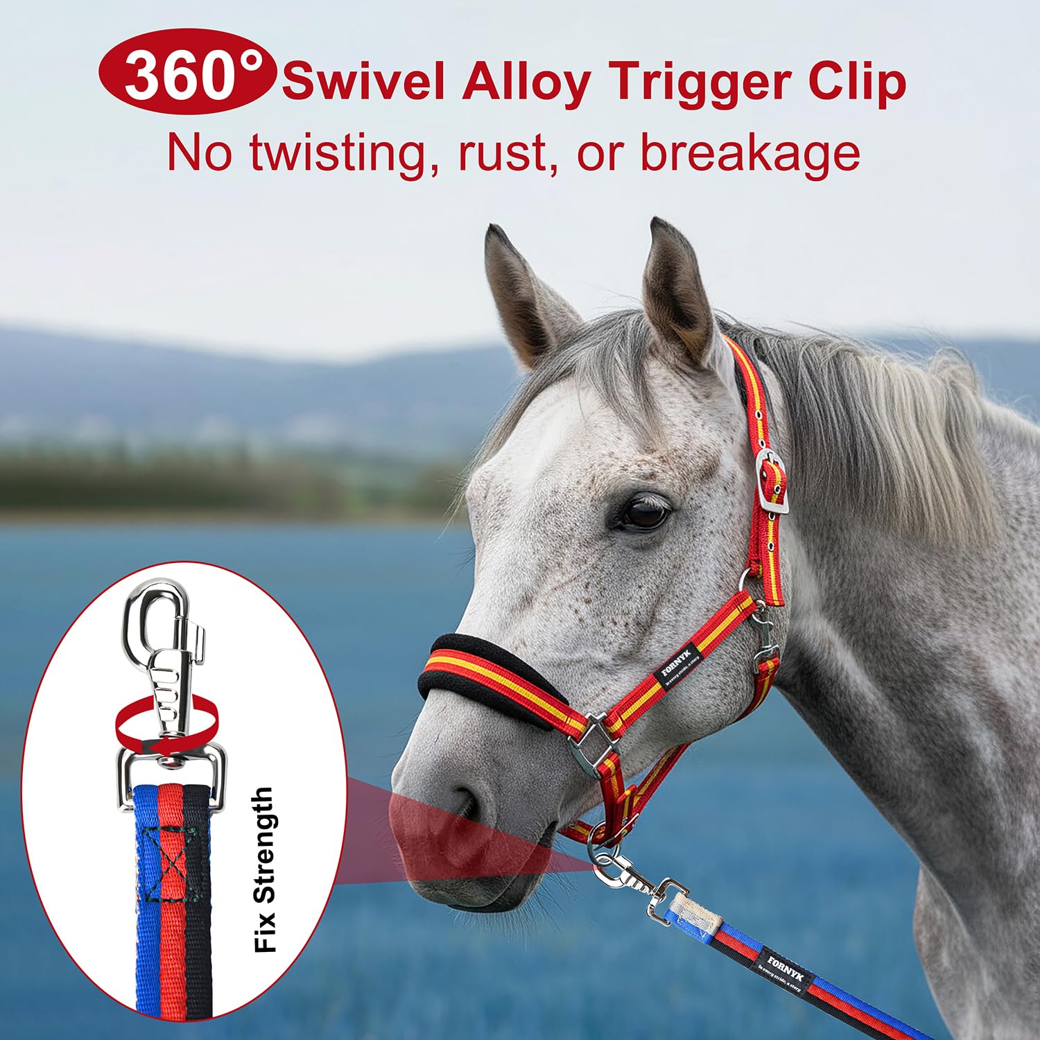 Línea de estocada para caballo, línea de estocada equina con hebilla giratoria de aleación de 360° para entrenamiento ecuestre preciso, competición y uso diario, 26 pies (azul-rojo-negro)