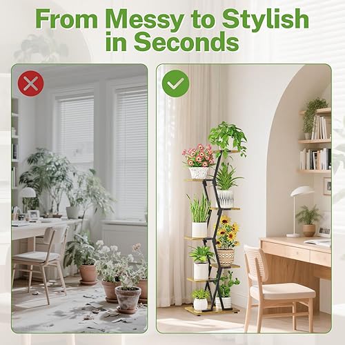 Miniatura 5 de iDavosic.ly Soporte para plantas de interior de 6 niveles, estante alto de esquina de metal y madera, estante de exhibición de orquídeas para sala