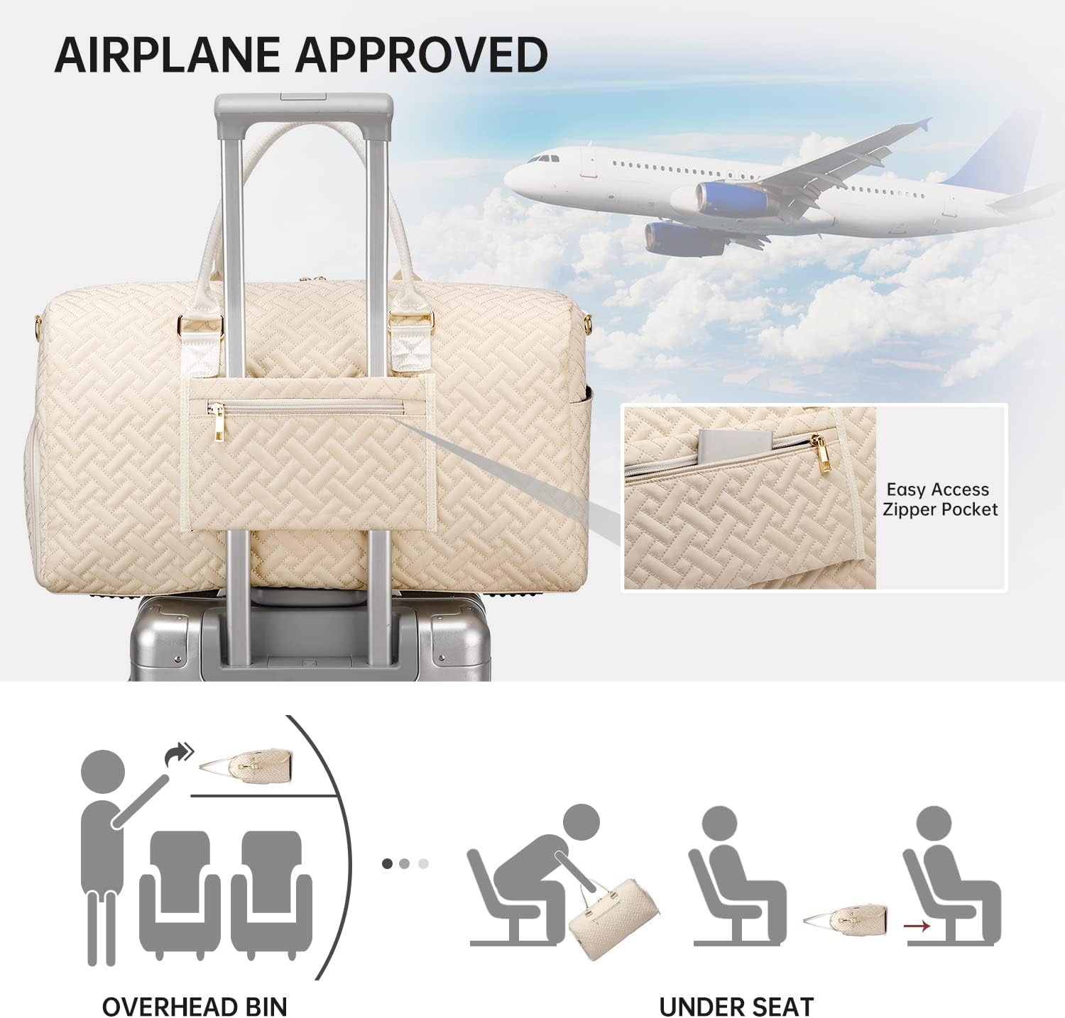 Duffle Bag for Travel, Weekender Bag with Shoe Compartment, Carry On Overnight Bag for Women with Toiletry Bag, Gym Bag with Wet Pocket, Hospital Bags for Labor and Delivery Beige - Image 2