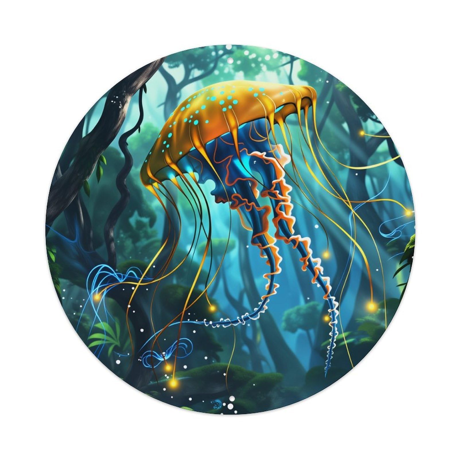 Fantasy Jellyfish Forest Glow Art Round Tin Sign Vintage Metal Poster Retro Bar, Home, Man Cave, Kitchen, Laundry Room Wall Art Decor Gift 8x8Inch