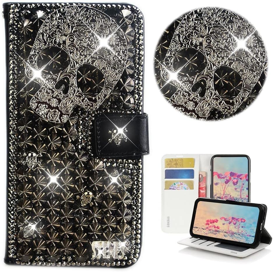 STENES Bling Wallet Phone Case Compatible with Samsung Galaxy A03s - Stylish - 3D Handmade Punk Skull Glitter Magnetic Wallet Leather Cover with Neck Strap Lanyard [3 Pack] - Black