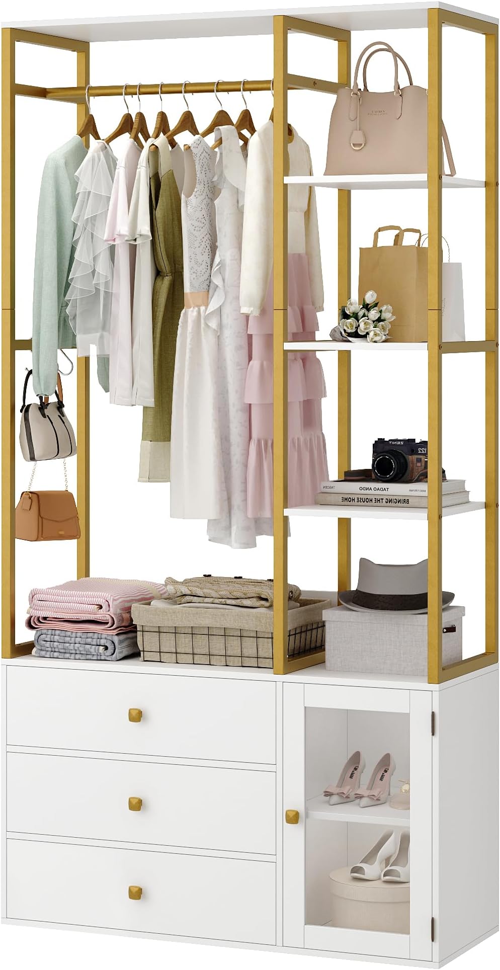 2pcs Closet Organizer System, Wardrobe Closet with 3 Wooden Drawers, Clothes Rack with Hanging Rods and 4 Tiers Shelves, Garment Rack with Metal Frame, White and Gold