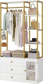 BOTLOG Closet System Organizer, 81.3 H Wardrobe Closet with 3 Wooden Drawers, Clothes Rack with Hanging Rods, 4 Tiers Shelves, Metal Frame, White and Gold