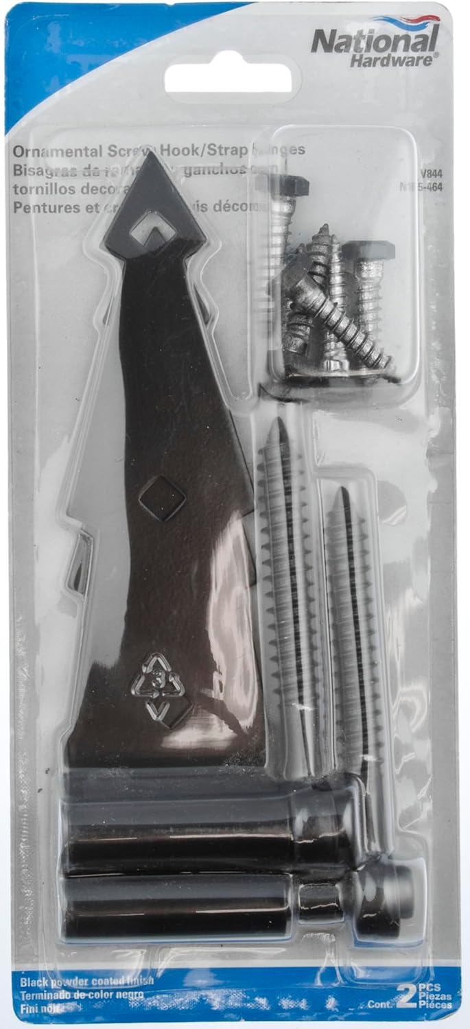 National Hardware N165-464 V844 Ornamental Screw Hook/Strap Hinges in Black, 2 pack, 7"