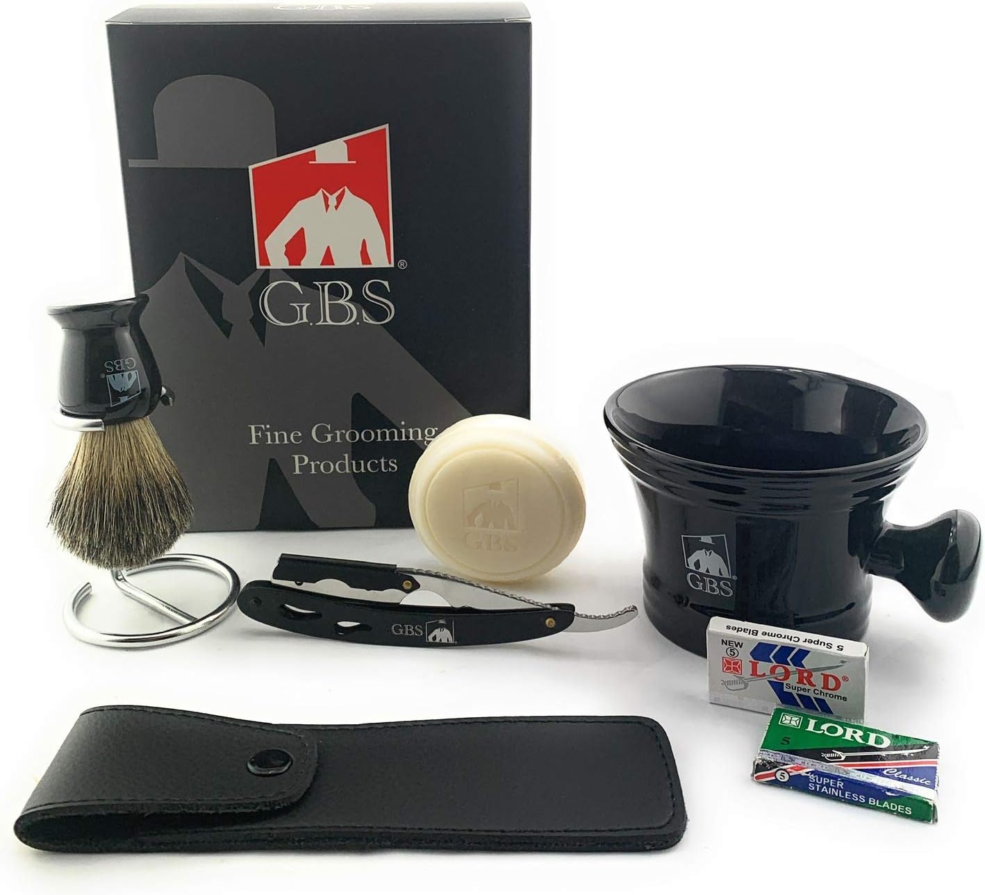 G.B.SMen’s Shaving Set, Black Shavette Barber Replaceable Blade Razor, Shaving Brush with Stand, Ceramic Shaving Mug, Natural Shaving Soap and Leather Case